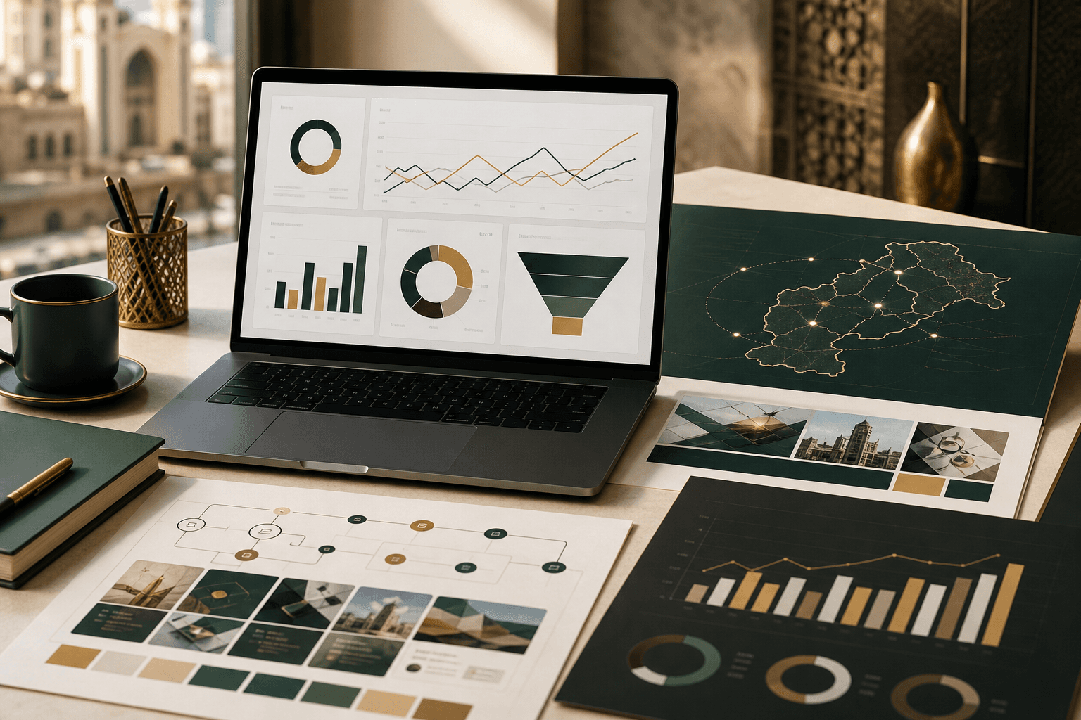 Premium marketing strategy desk with AI analytics dashboards, campaign boards and Pakistan route mapping.